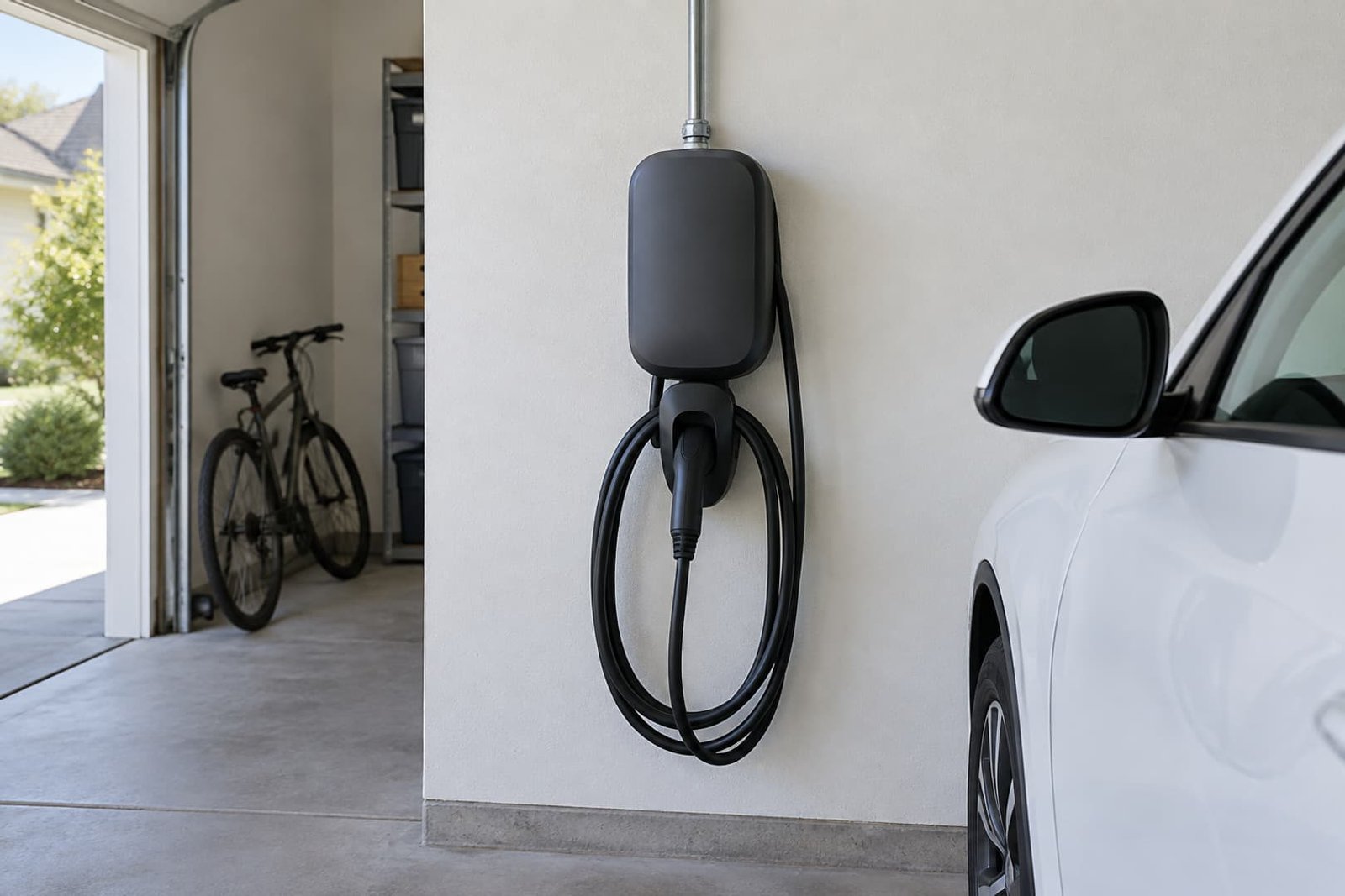 EV charger installed inside a residential garage