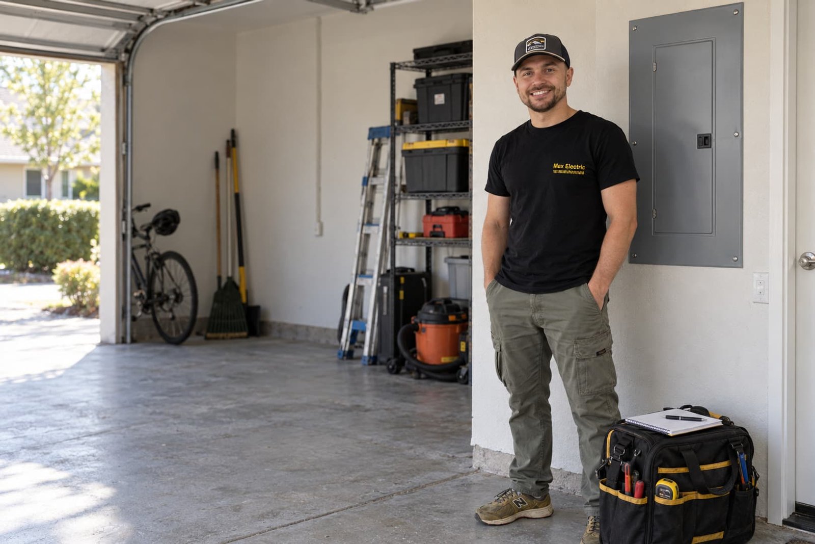 Electrician beside a closed panel in a residential garage