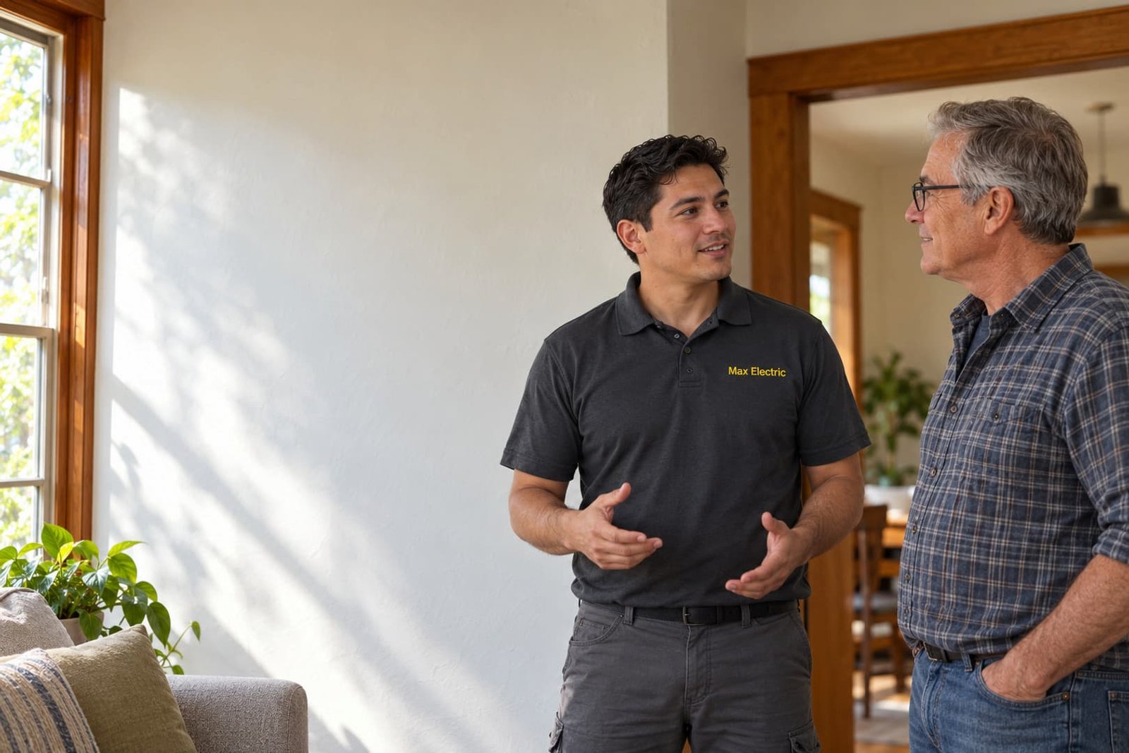 Electrician and homeowner discussing electrical improvements in a living room