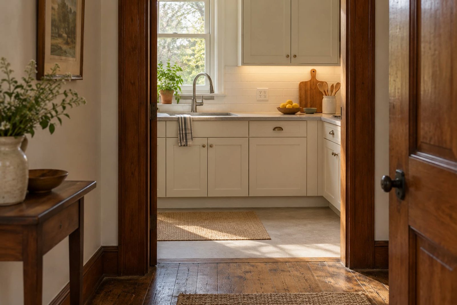 Updated kitchen beside a retained hallway