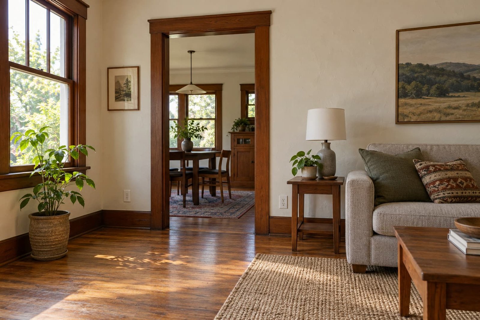 Living room with retained wood trim and accessible wall outlets