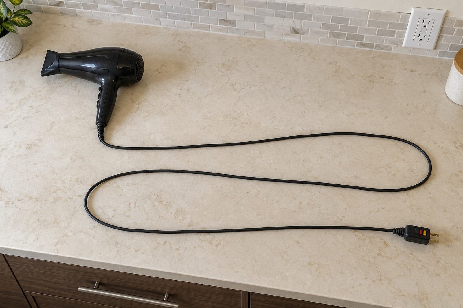 Unplugged hair dryer on a dry bathroom counter near a GFCI outlet