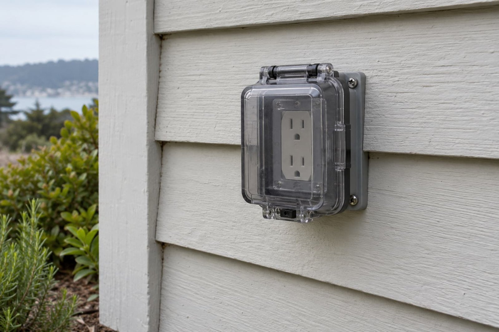 Covered outdoor electrical receptacle mounted on an exterior wall