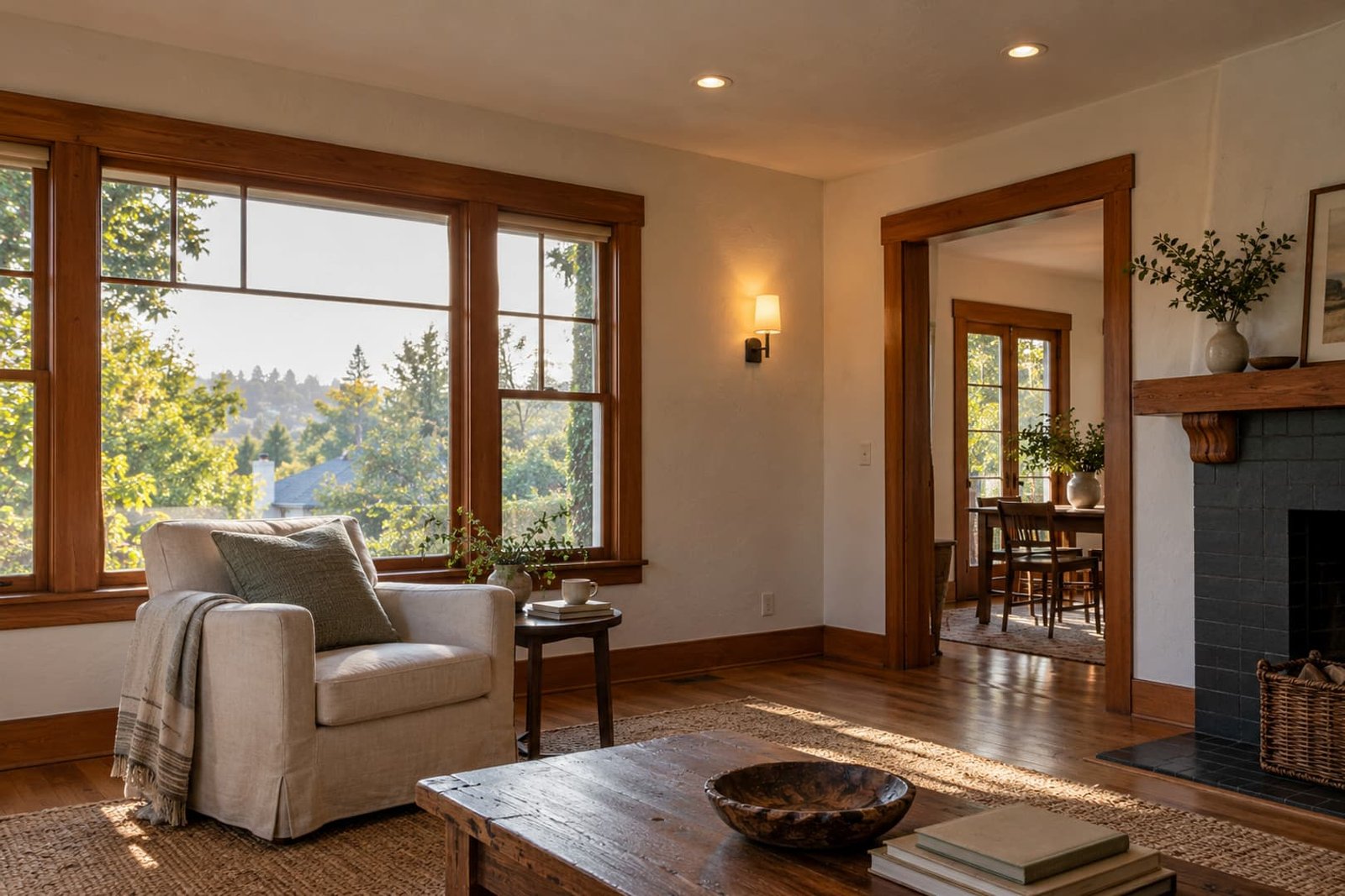Finished living room with wall and ceiling lighting