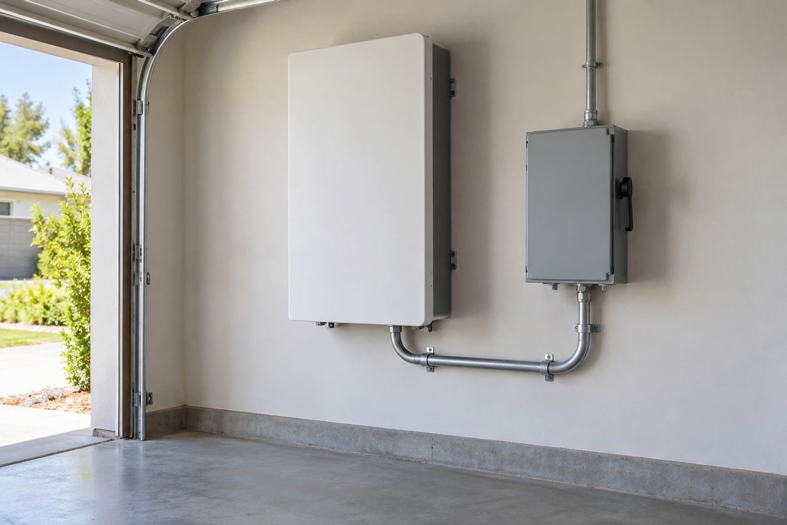 Closed home battery enclosure with accessible electrical equipment