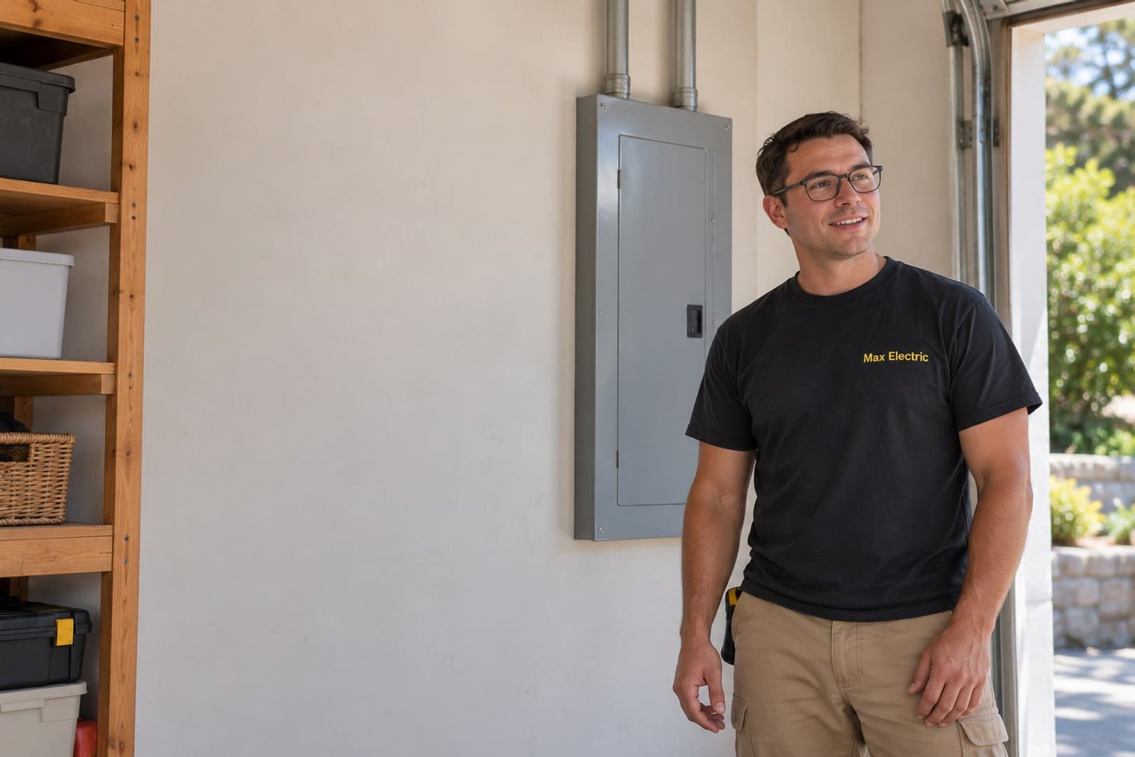 Max Electric electrician beside a closed residential panel