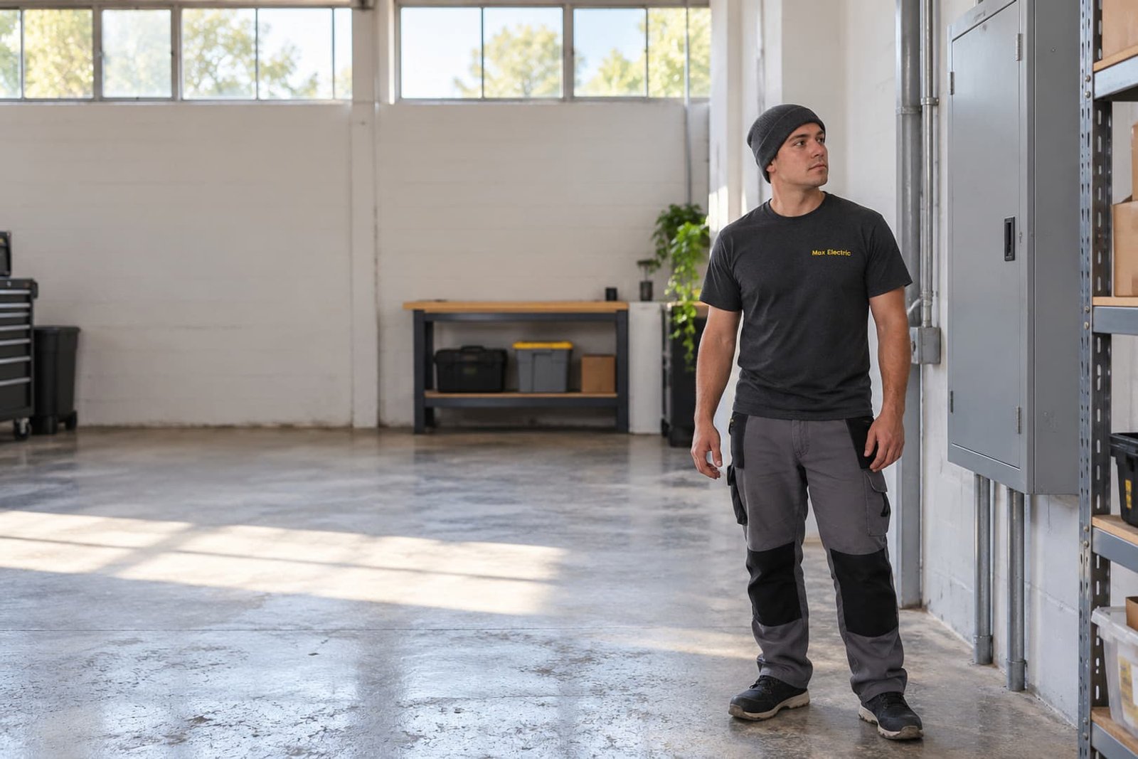 Electrician discussing electrical work in a small commercial workspace