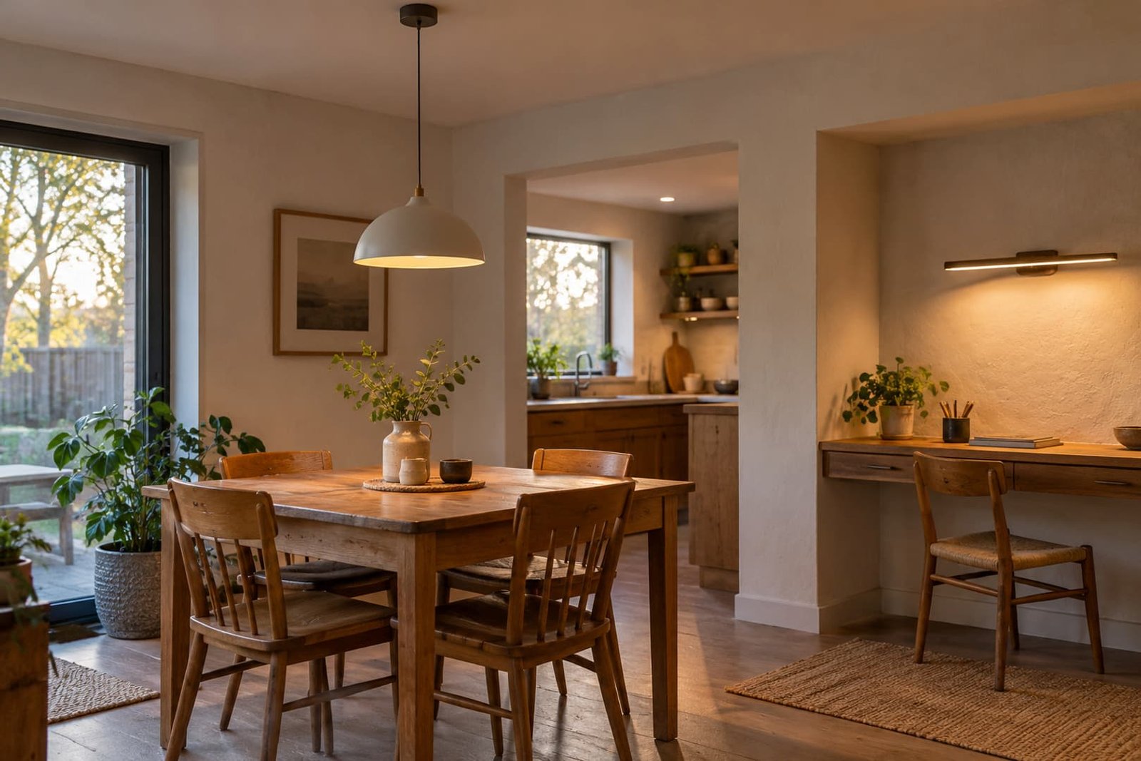 Dining and work areas lit by separate fixtures