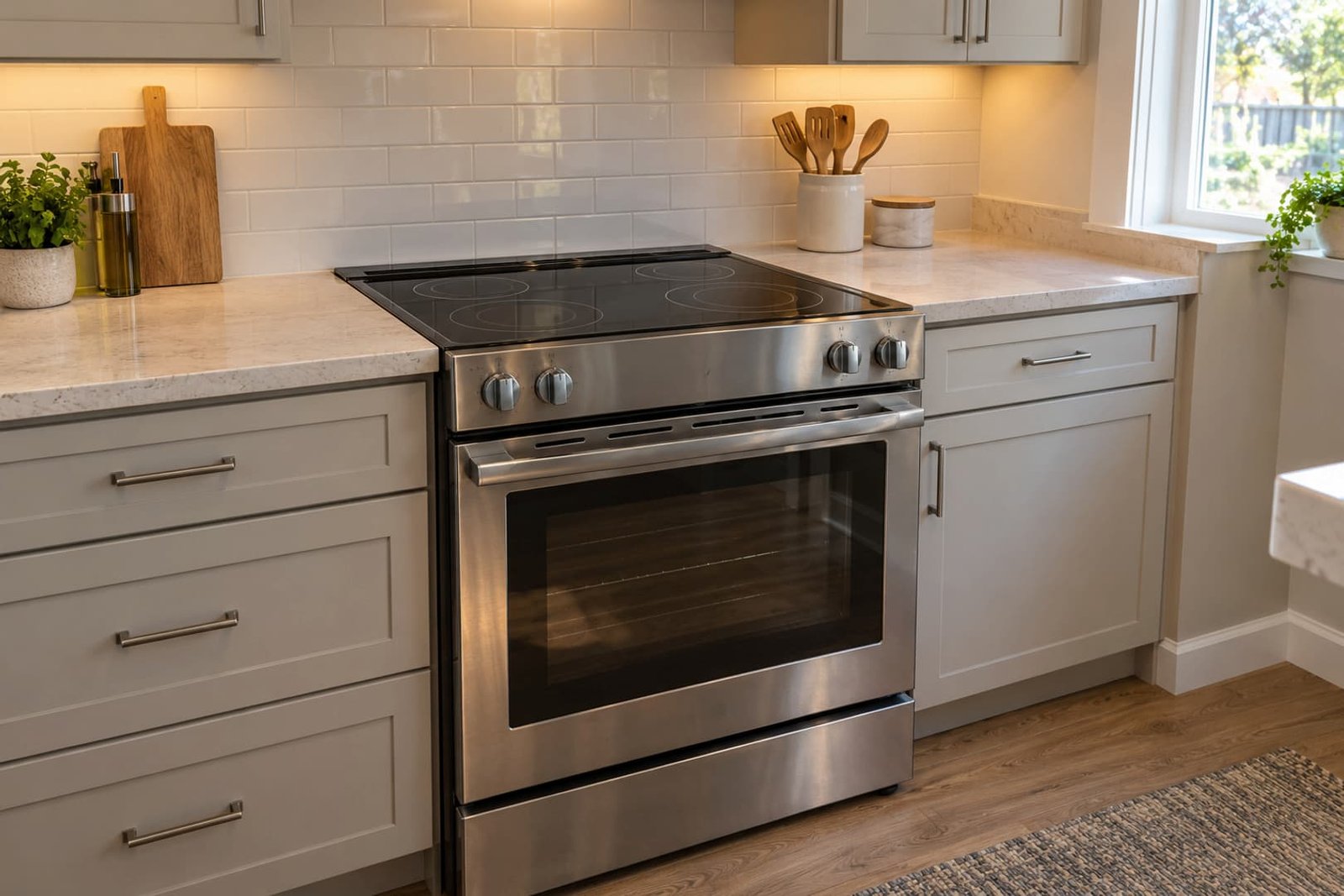 Kitchen with an electric range and separate worktop lighting