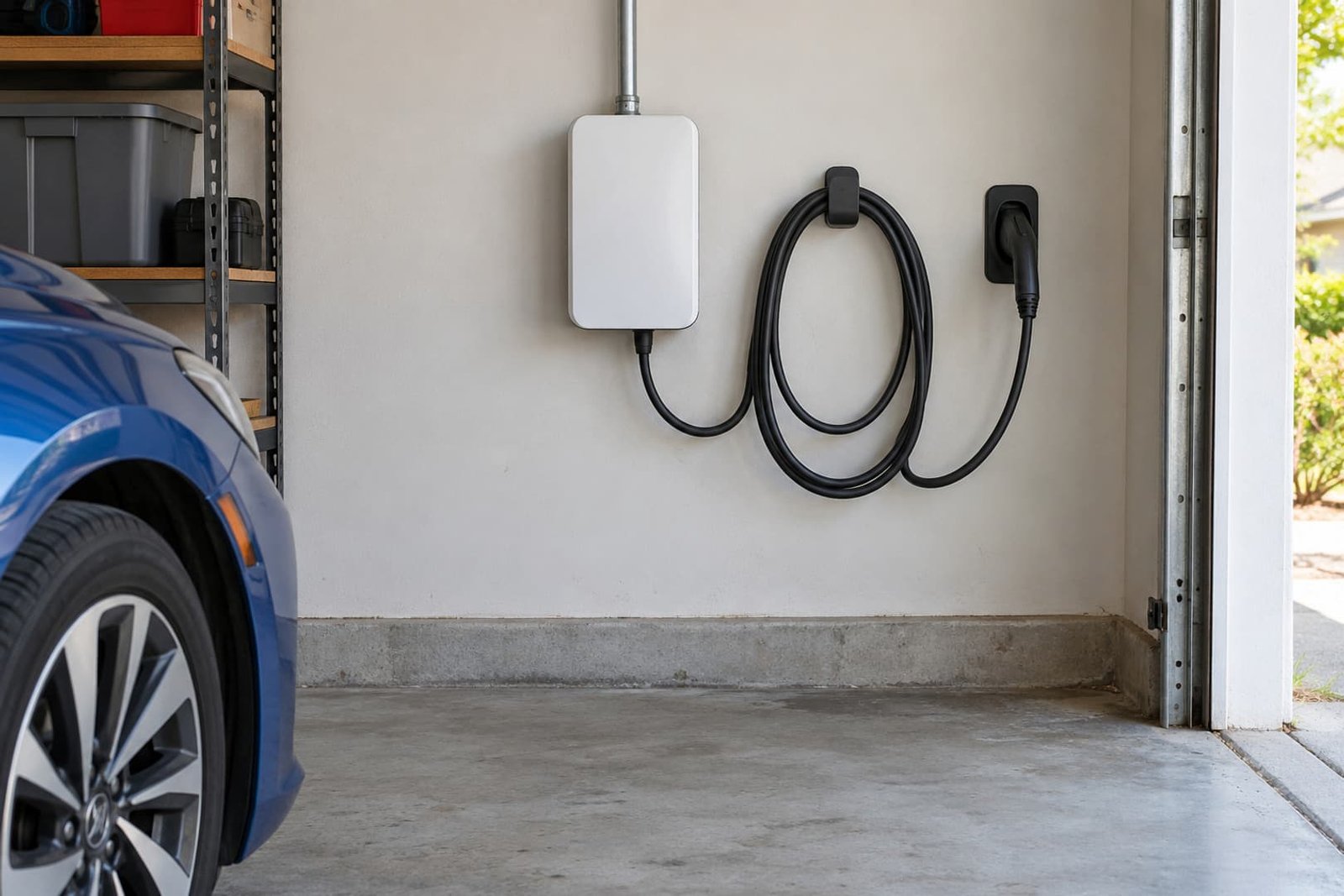 Garage EV charger with a stored cable and clear parking access