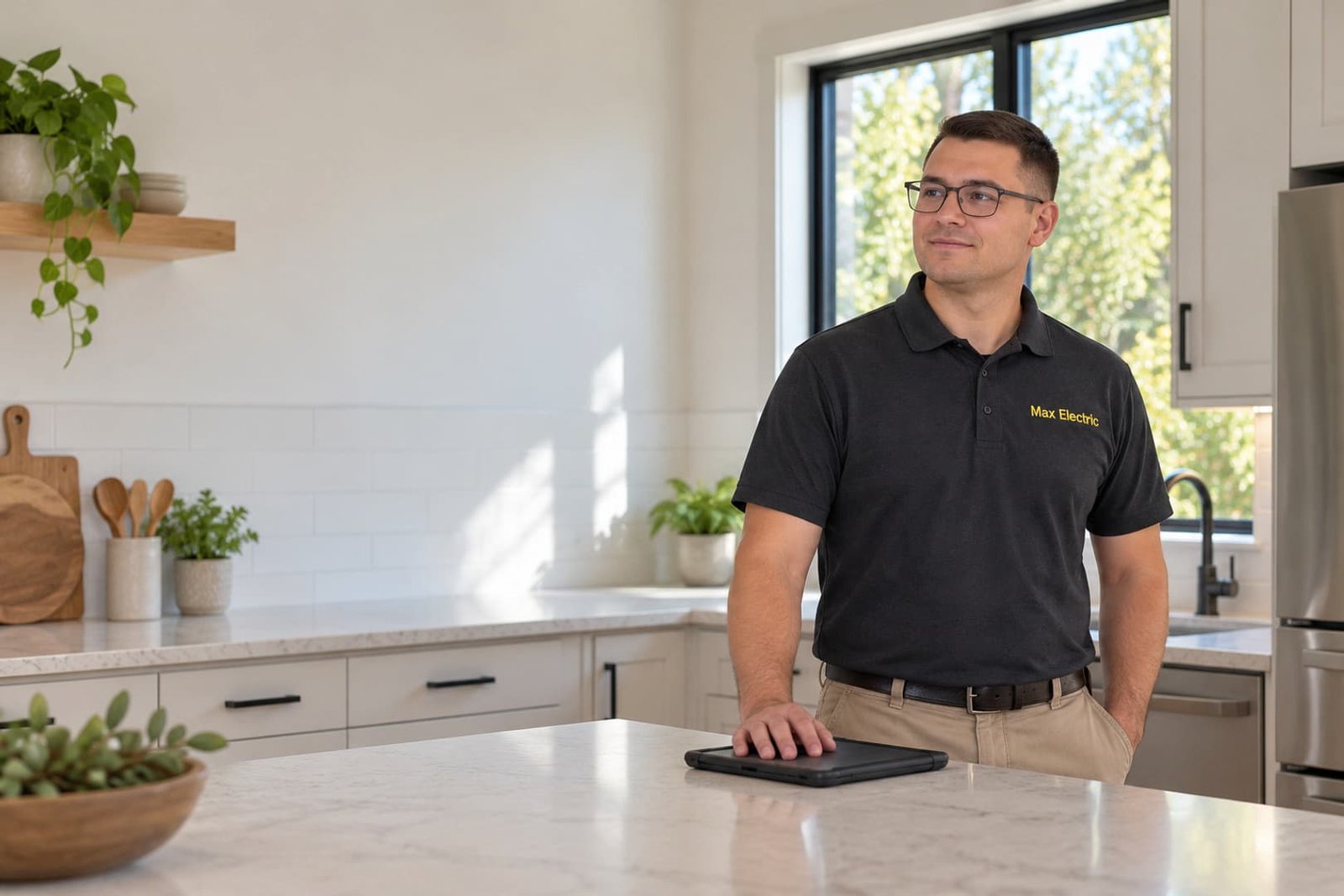 Max Electric professional discussing an electrical project in a kitchen