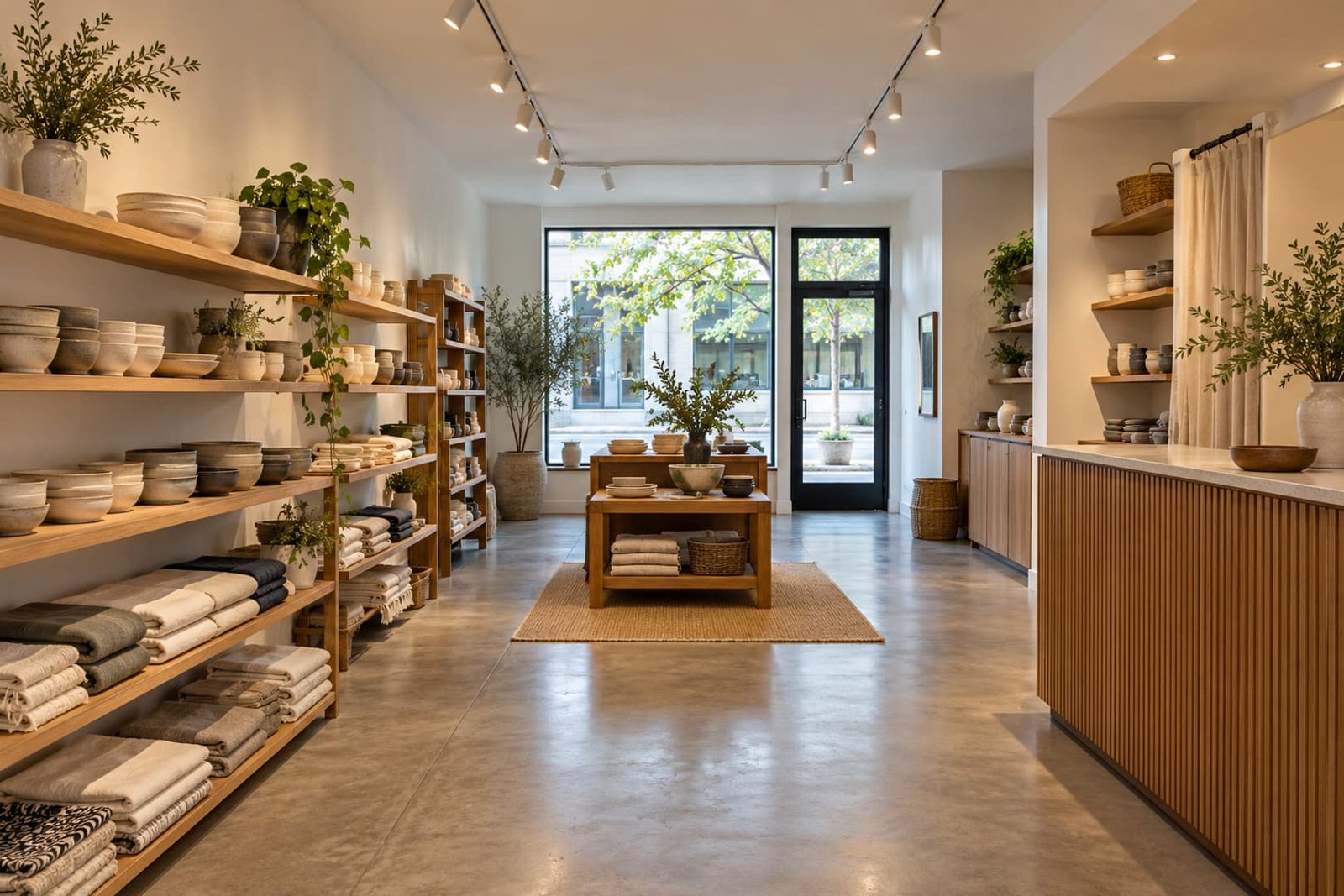 Small commercial interior with practical ceiling lighting