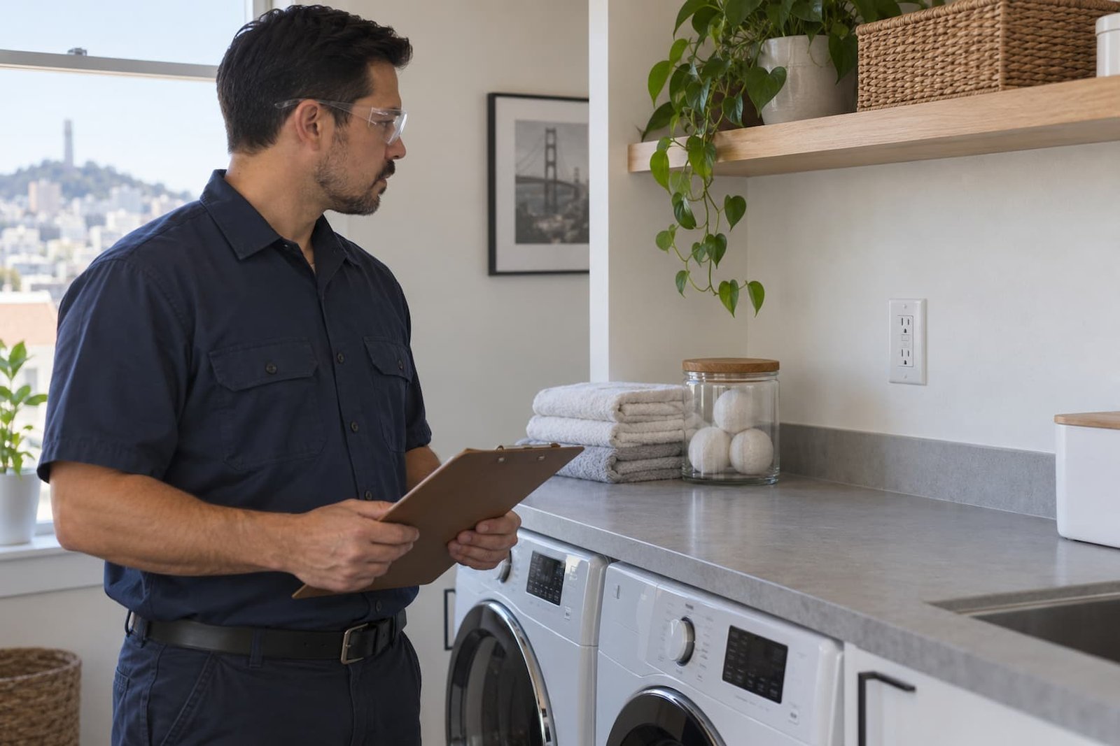 Electrician examining an installed GFCI outlet in a dry laundry area