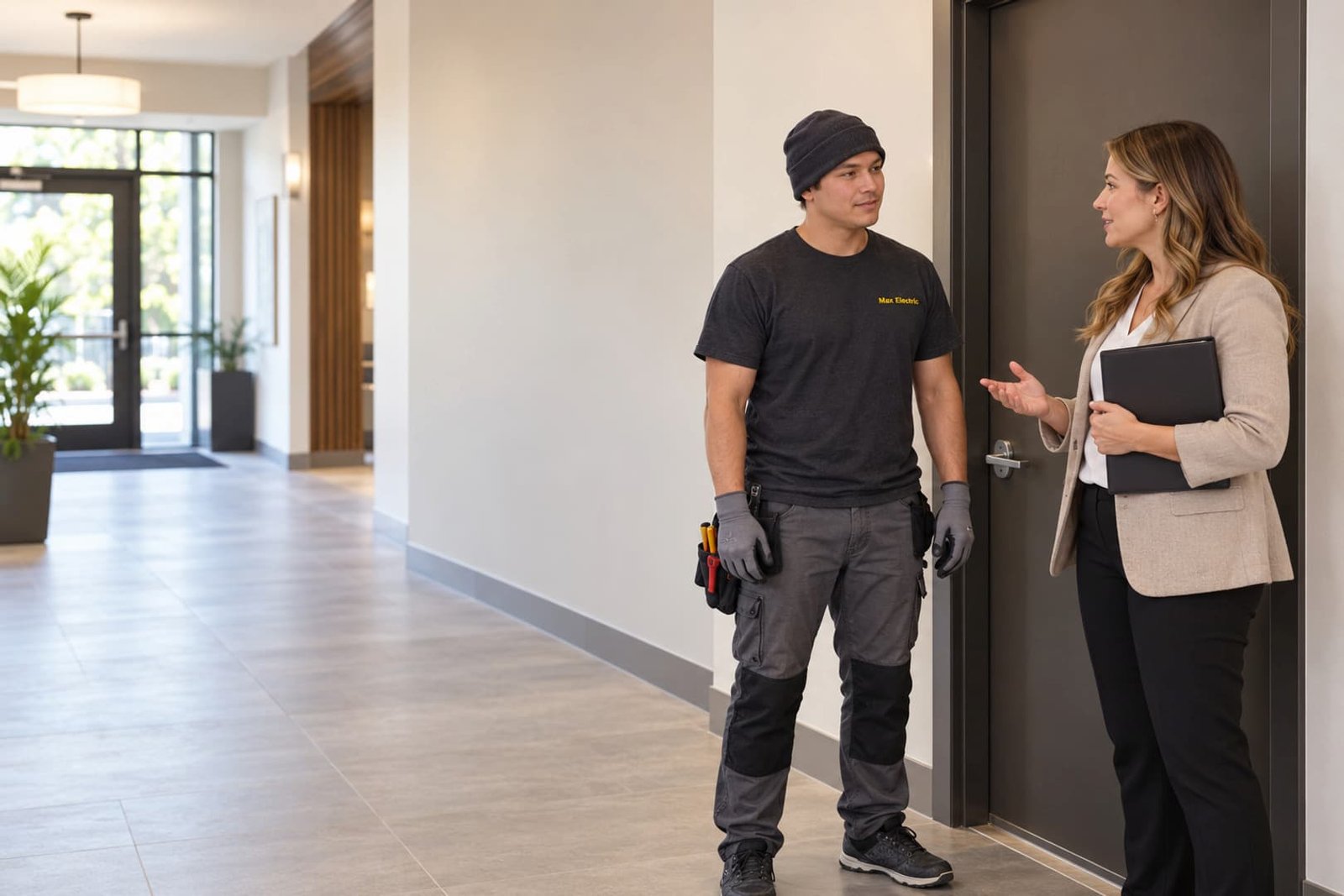Electrician discussing a building service visit with a property manager