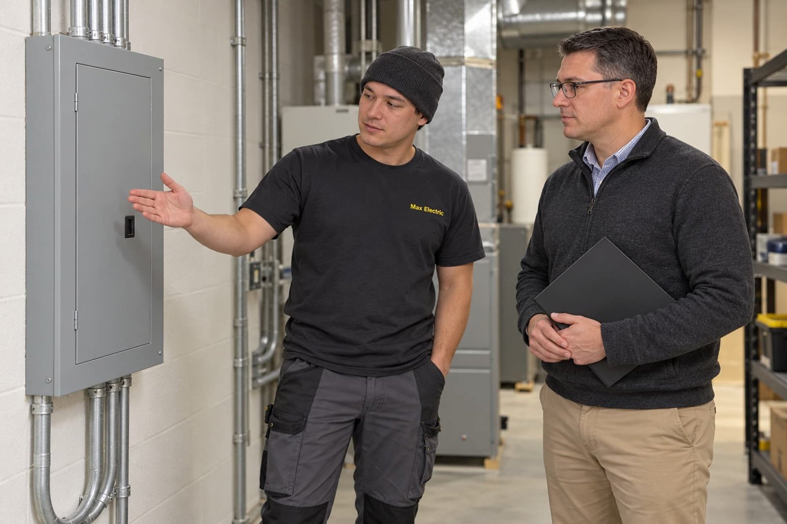 Electrician explaining completed electrical work to a building manager