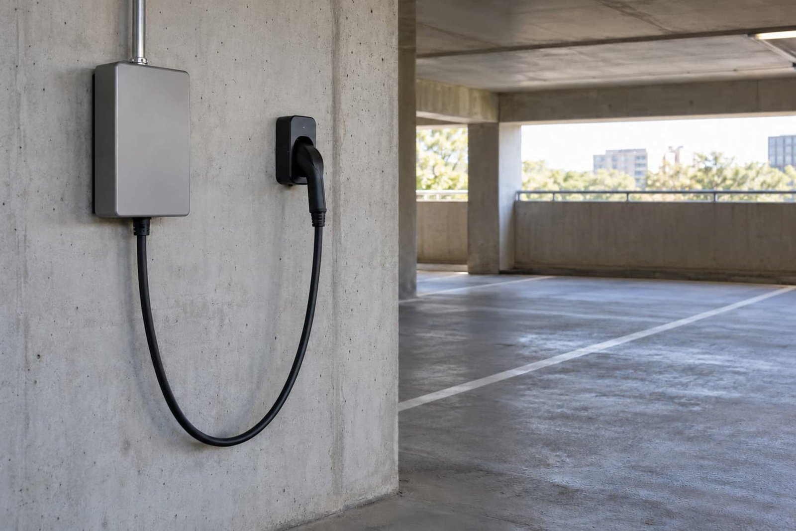 EV charger mounted beside a shared-garage parking space