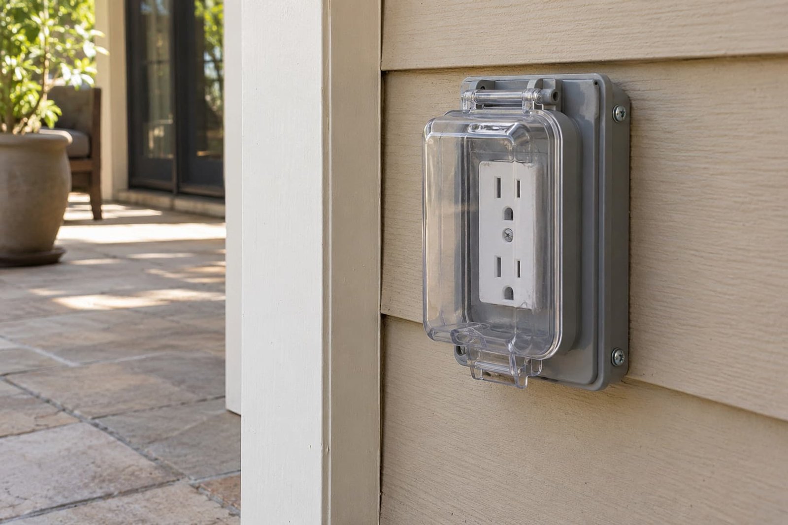 Covered outdoor receptacle beside a patio