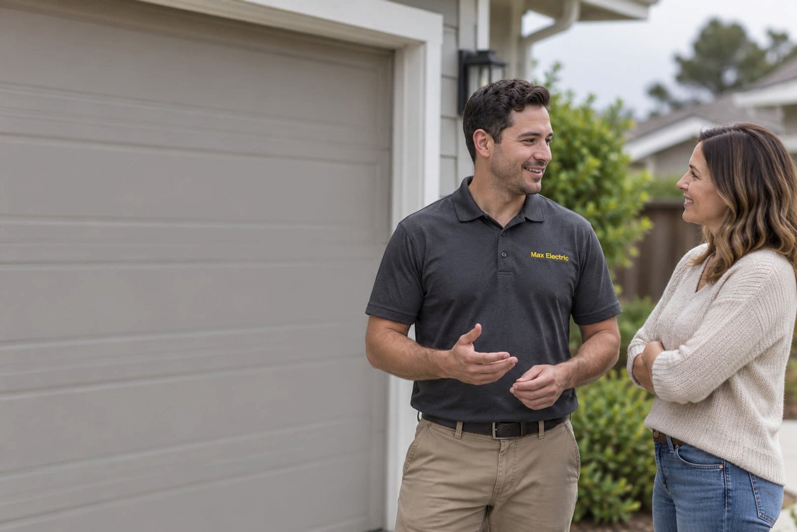 Electrician discussing a garage electrical project with a homeowner