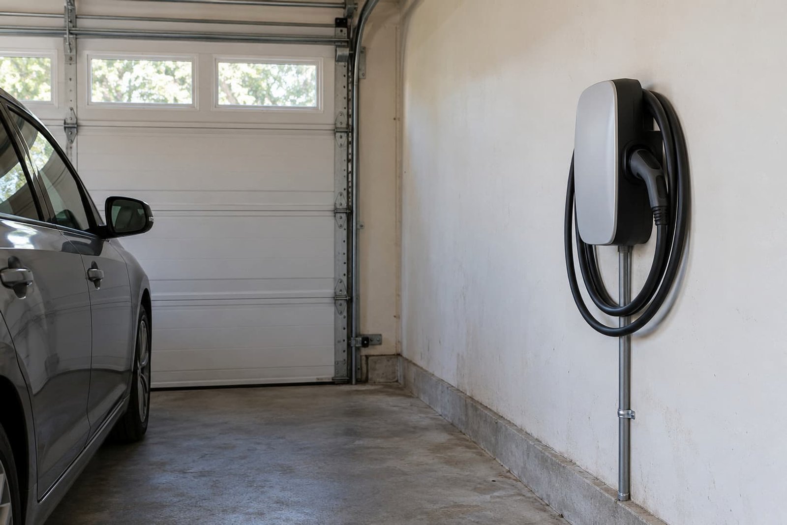 Garage EV charger with a neatly stored charging cable