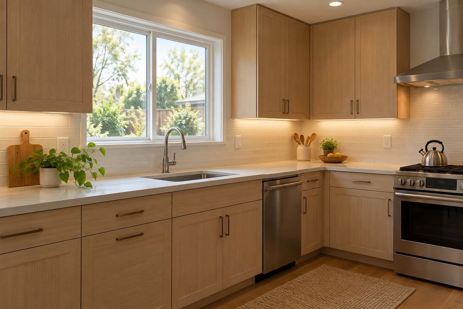 Finished kitchen with task lighting and accessible electrical outlets