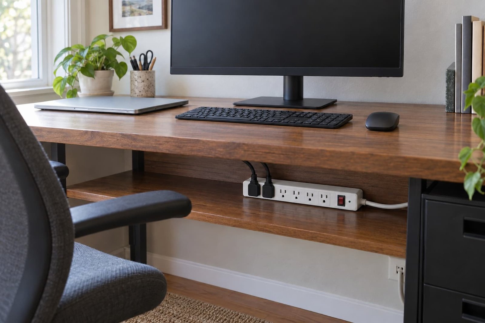 Home office equipment arranged with point-of-use power protection