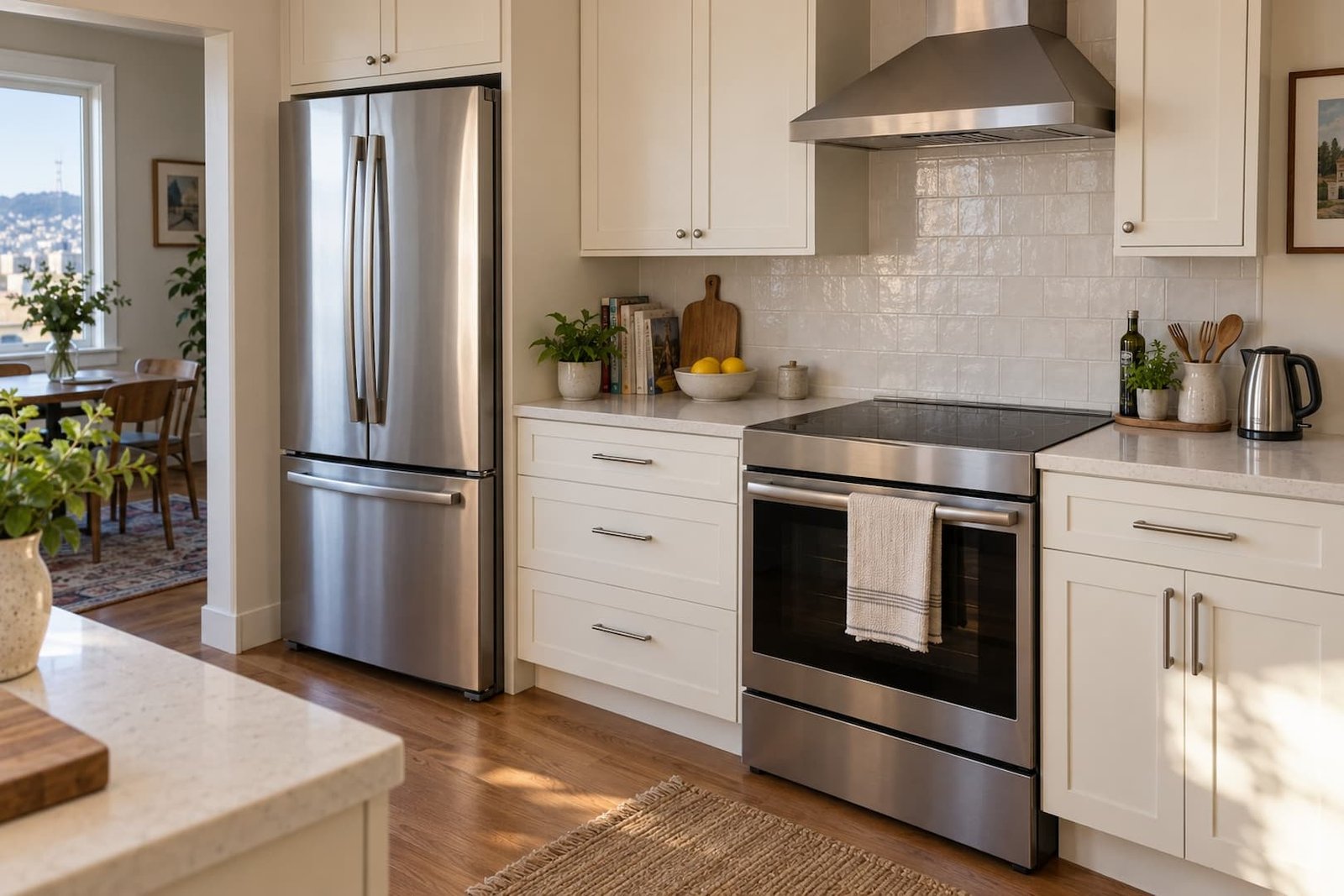 Modern residential kitchen with built-in appliances and electronic controls