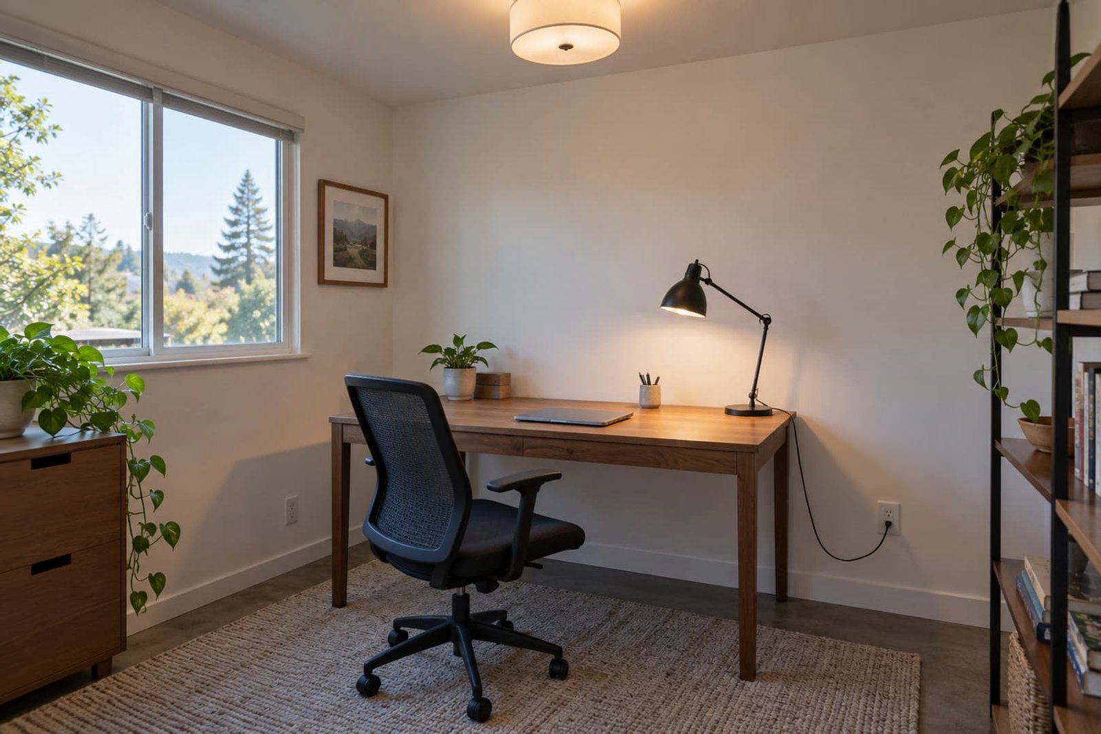 Office work area with orderly power access and ceiling lighting