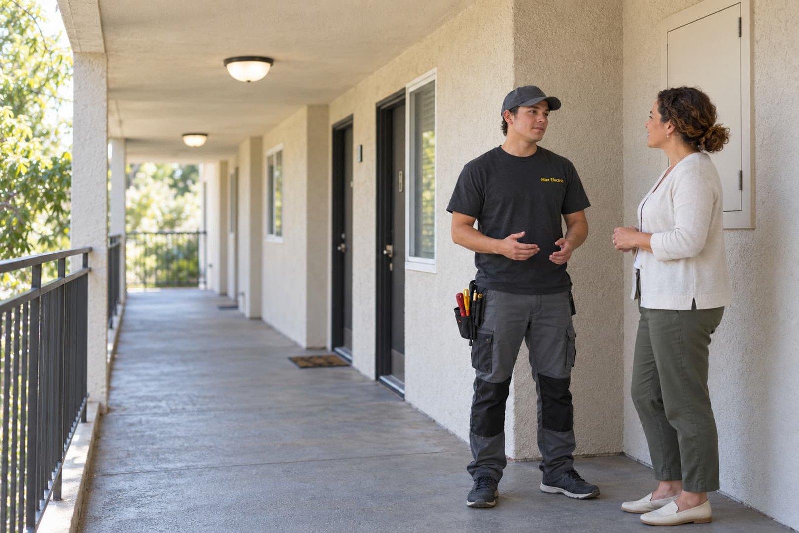 Electrician and property manager reviewing an apartment common area