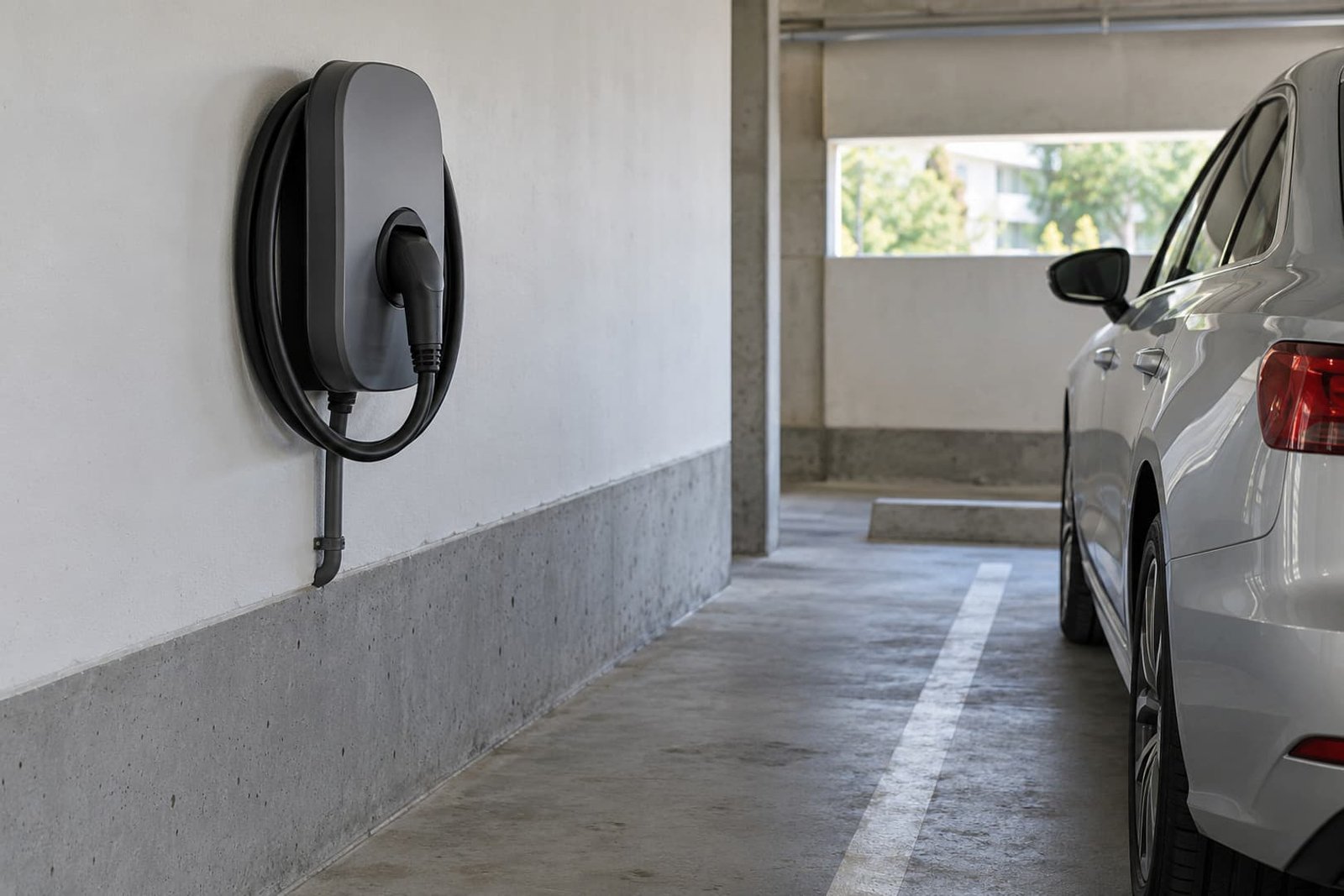 EV charging equipment beside a shared garage parking space