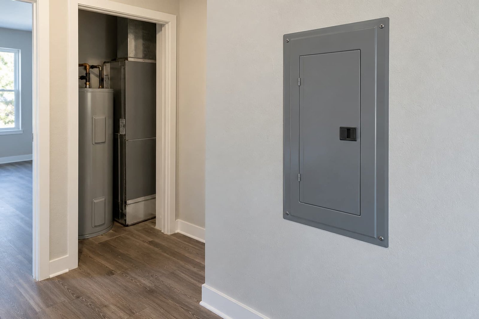 Closed electrical panel beside an apartment utility area