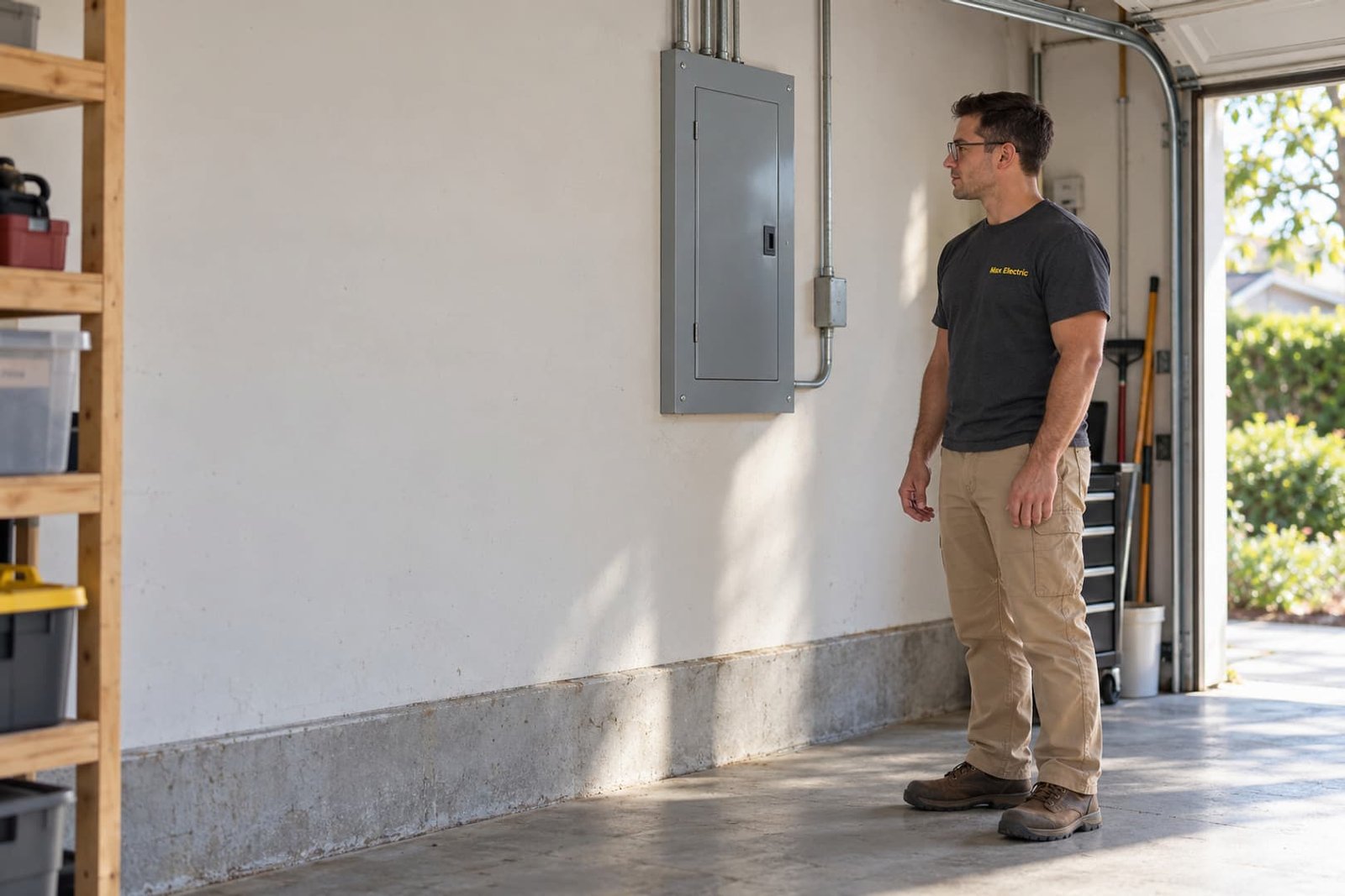 Electrician assessing the location of a closed garage electrical panel