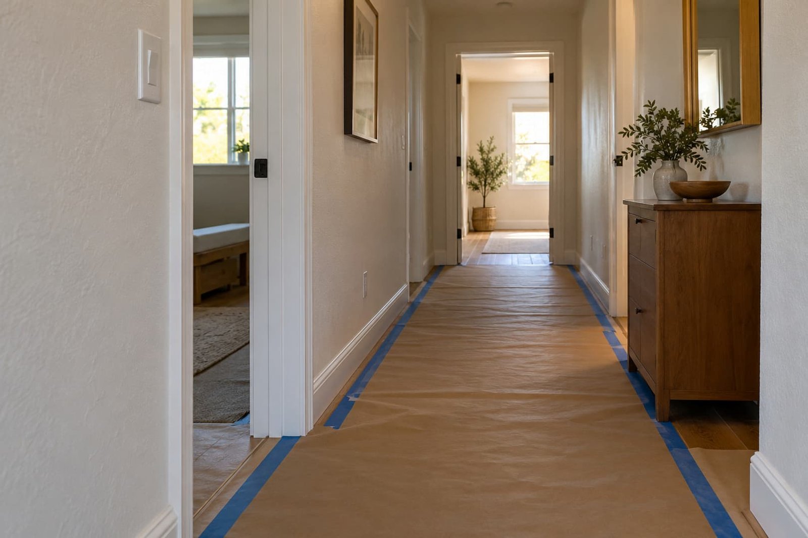 Protected floor and clear access in an occupied home's work area