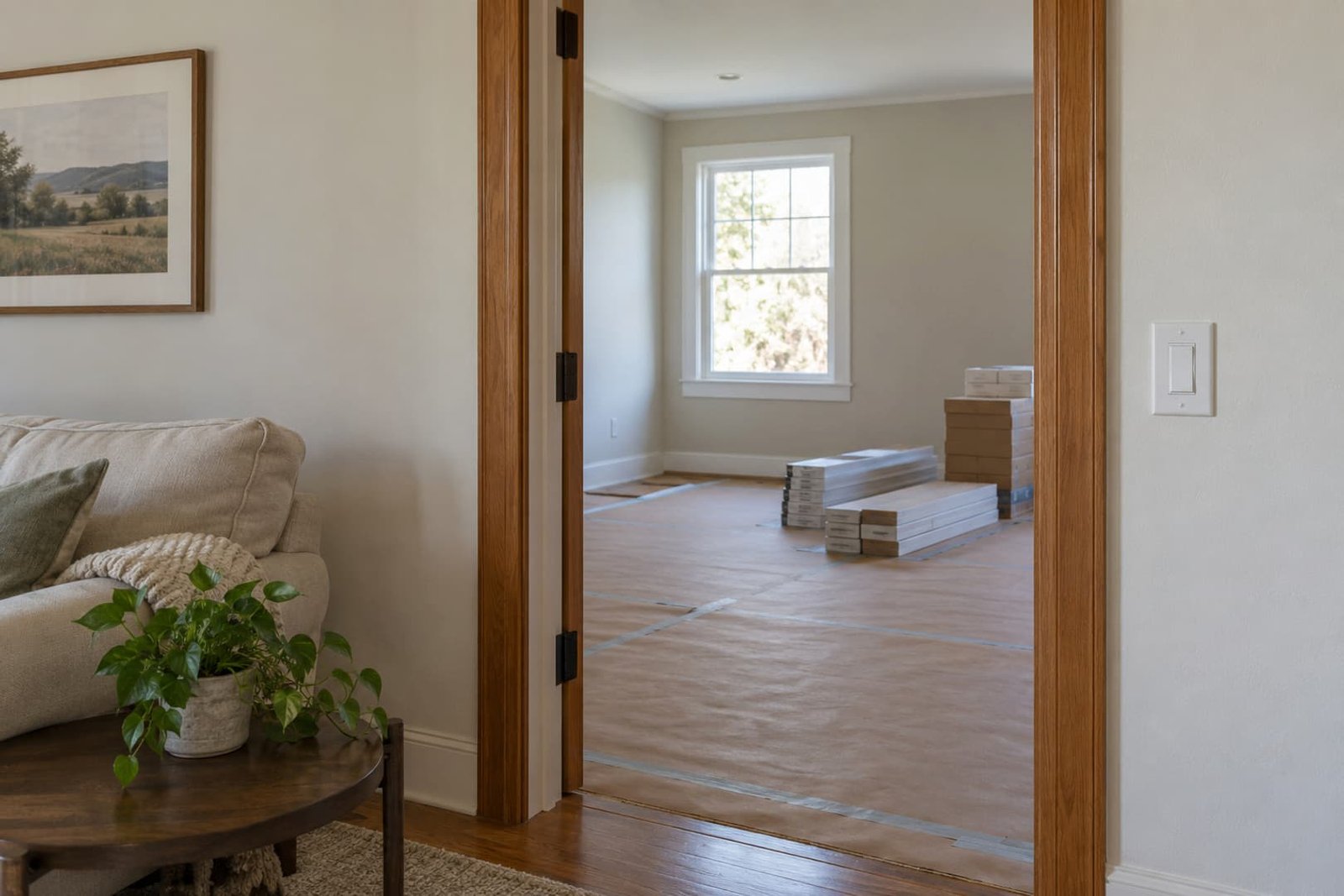 Finished interior adjoining a room prepared for renovation