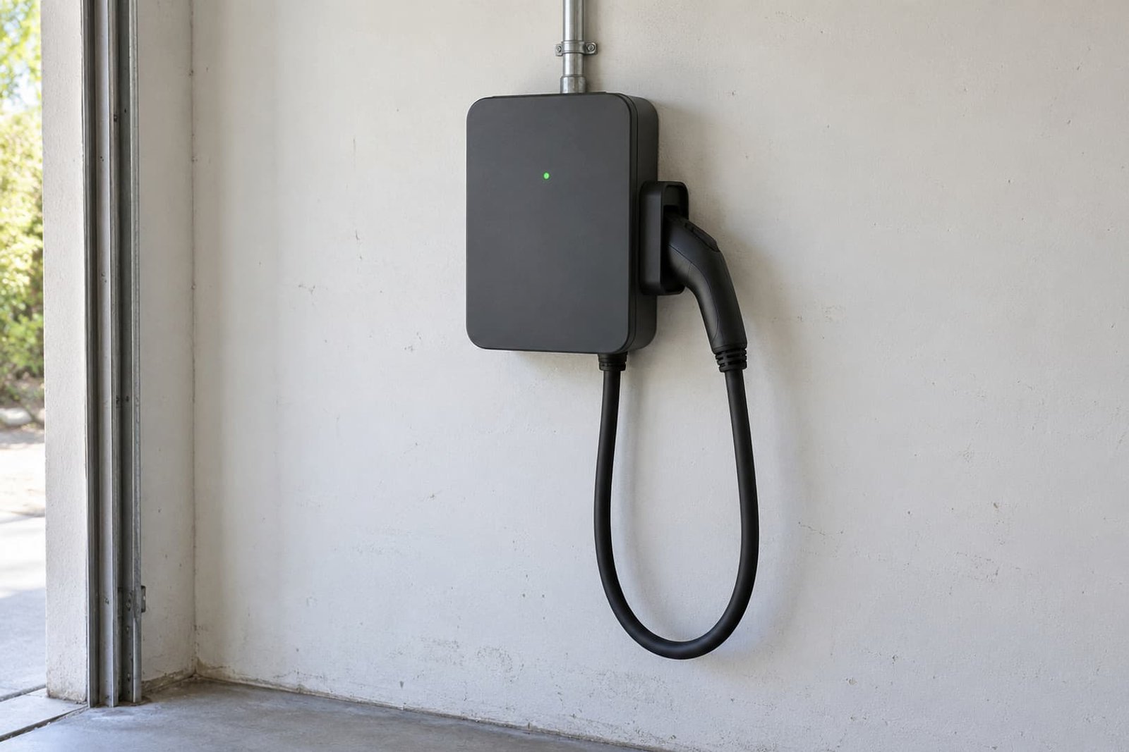 Wall-mounted home EV charger with its connector docked