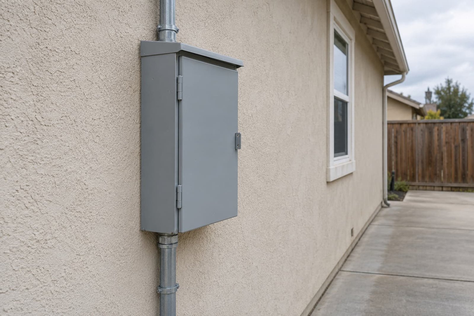 Closed electrical equipment on a home's side wall