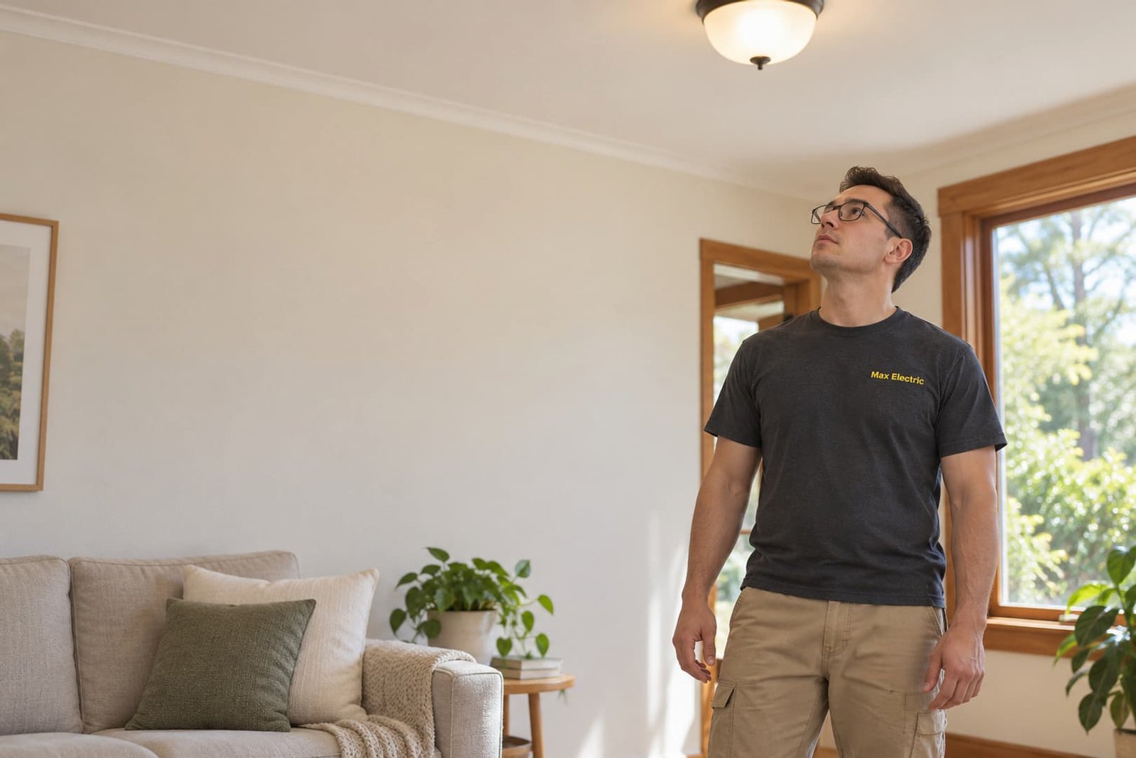 Electrician considering lighting in a finished living room