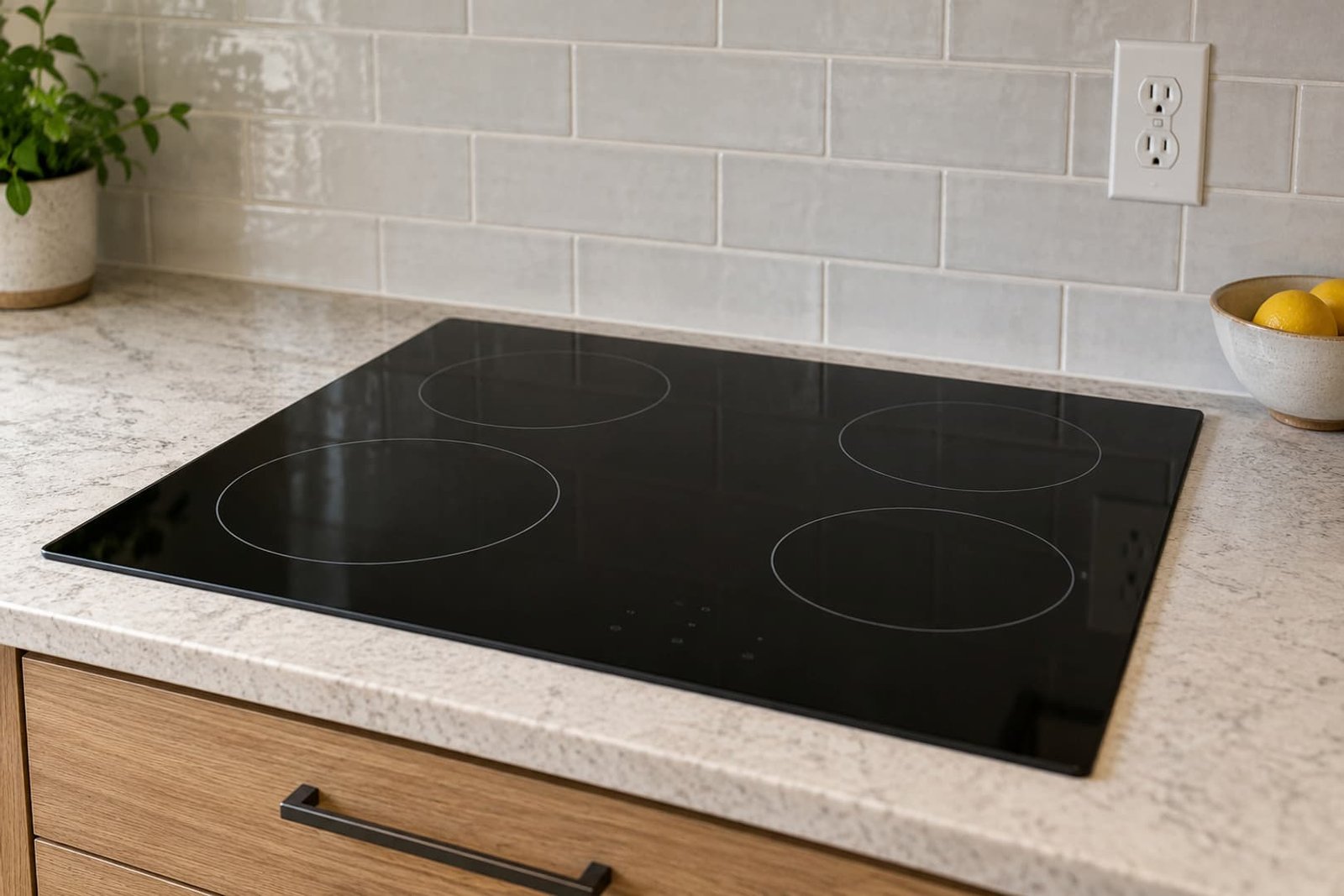 Electric cooktop fitted into a residential kitchen counter