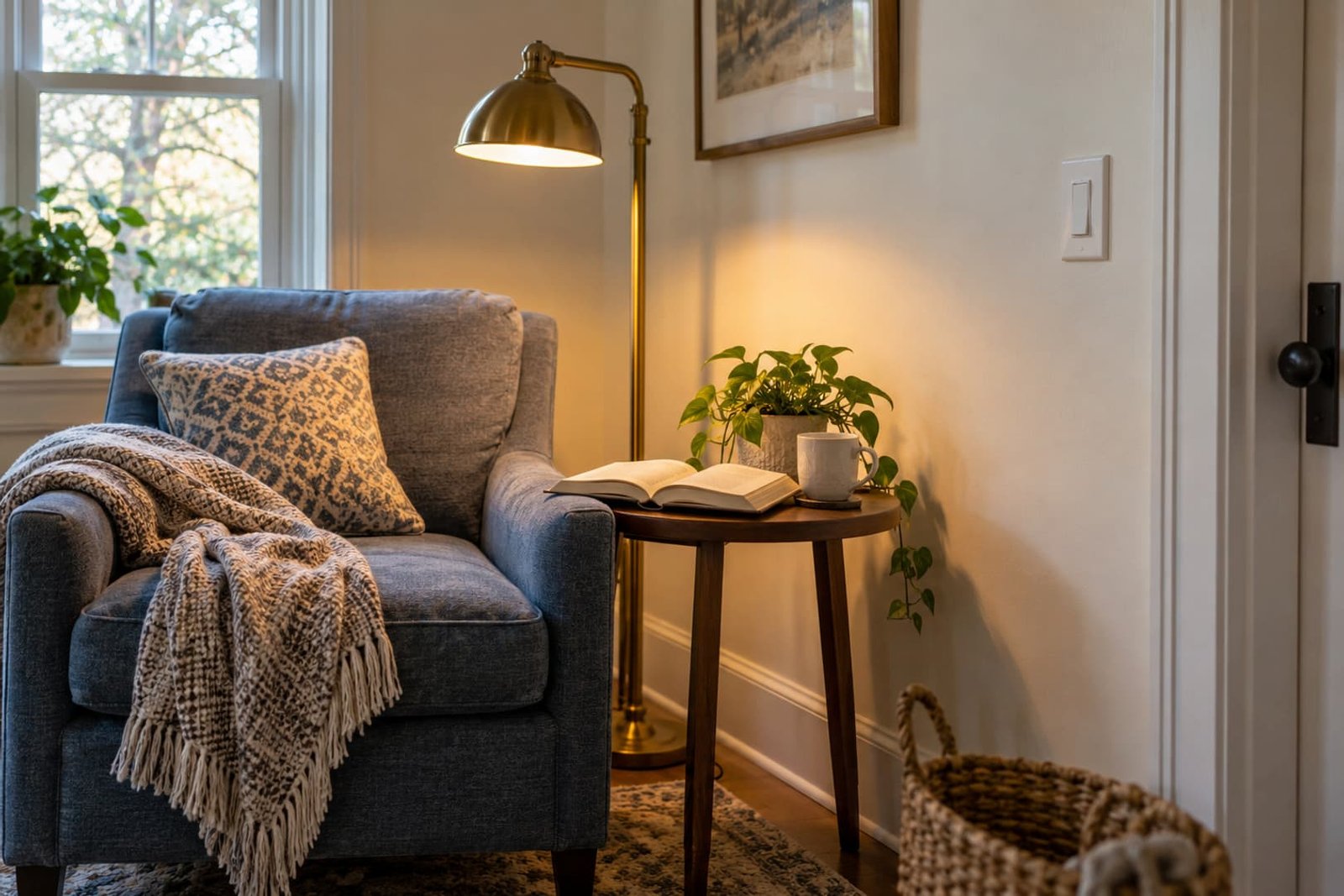 Reading area with a task lamp and wall-mounted lighting controls