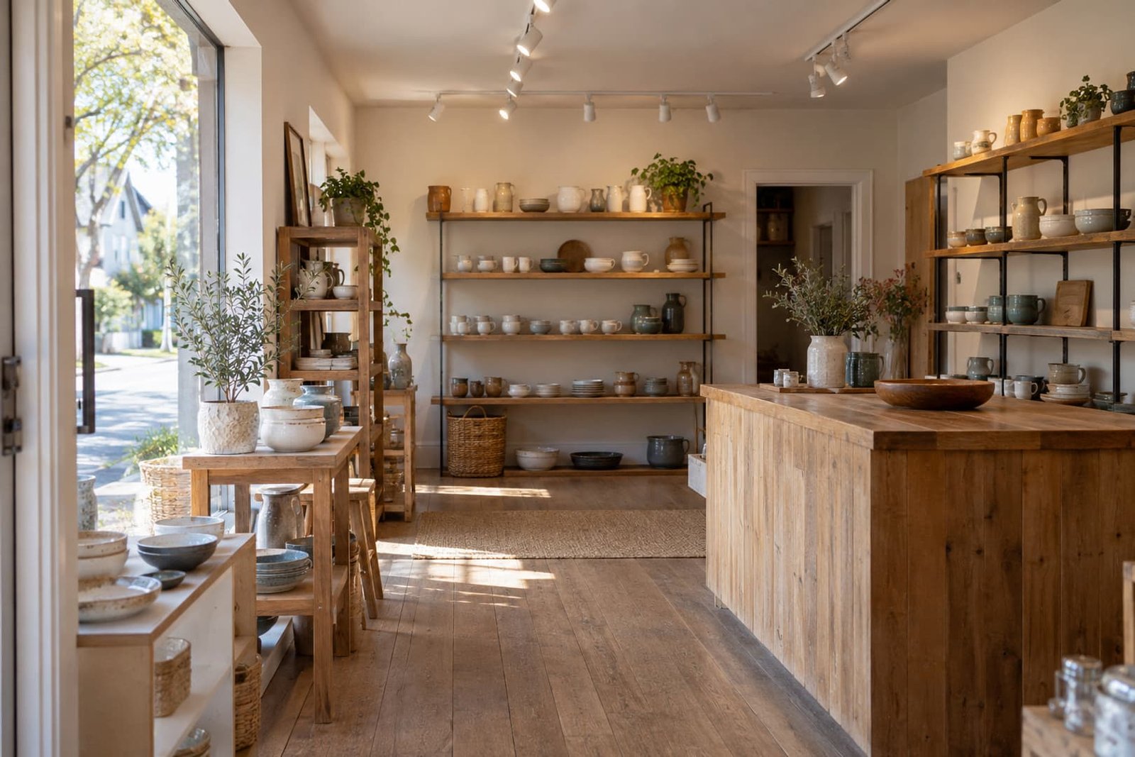 Small shop with overhead lighting and a clear counter area