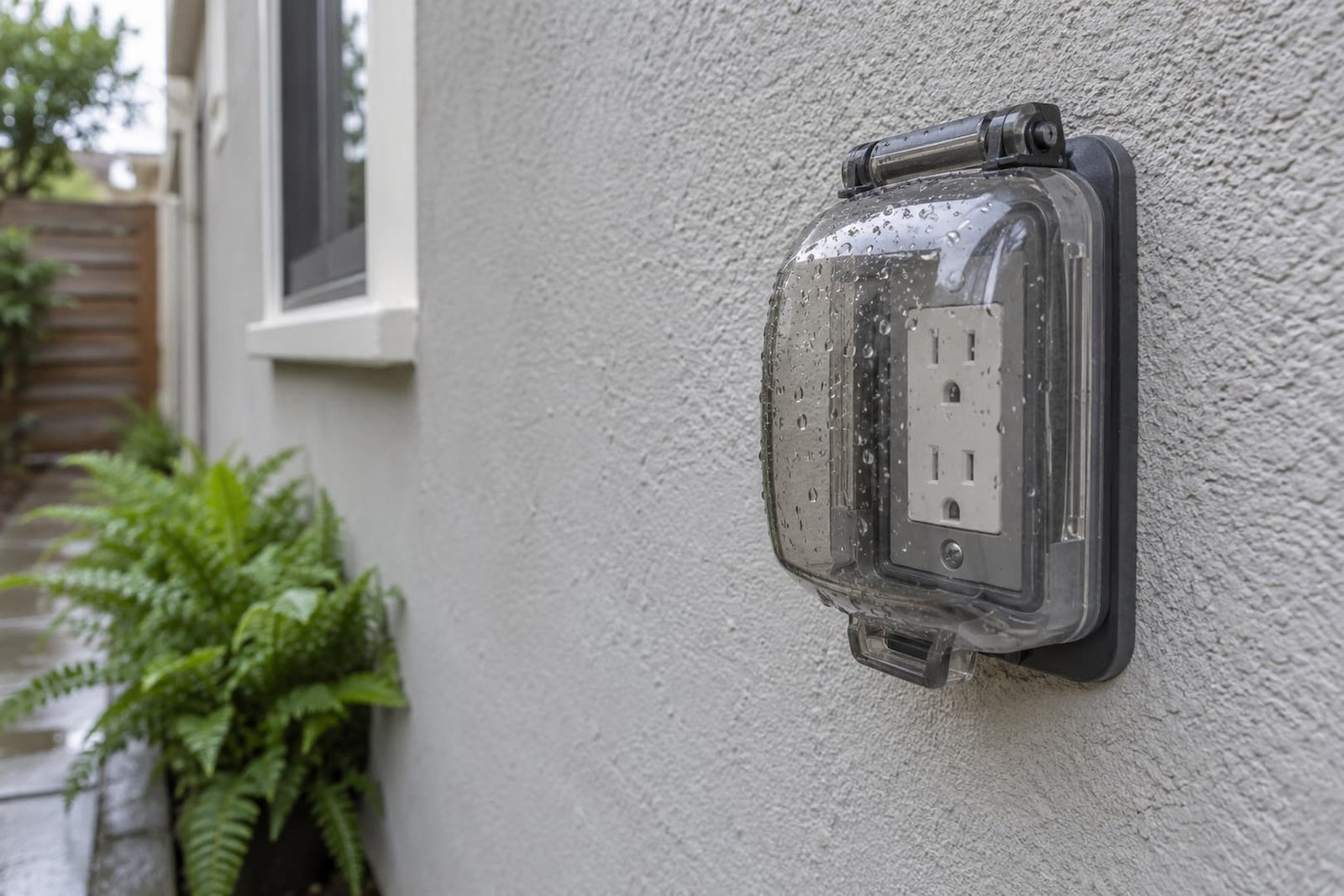 Exterior electrical outlet protected by a closed weather cover