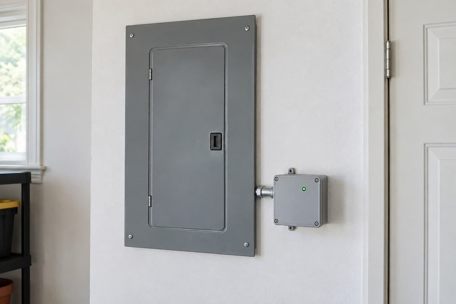 Surge protective device mounted beside a closed residential electrical panel